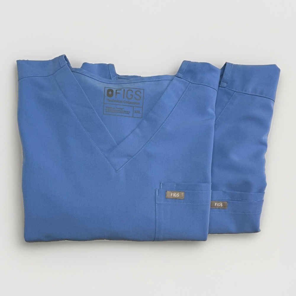 FIGS Lot of 2 Scrub Tops Men's 2XL Blue V-Neck Polyester Blend Short Sleeve